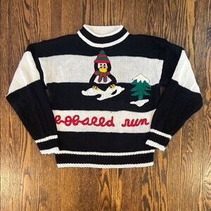 Vintage 80s Knit Penguin Sledding Sweater